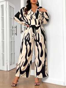 SHEIN Frenchy Plus Size Casual Random Print Batwing Jumpsuit,Office Wear, Spring Autumn - Black and White - View 6