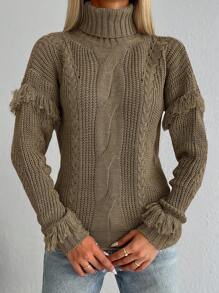 Cloudara Turtleneck Fringe Trim Drop Shoulder Sweater - Mocha Brown - View 4
