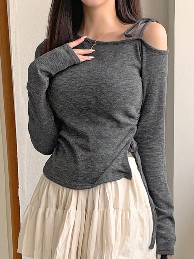 Women's Casual Slash Shoulder Tie Front T-Shirt, Spring Autumn Asymmetrical Shoulder Top Off The Shoulder