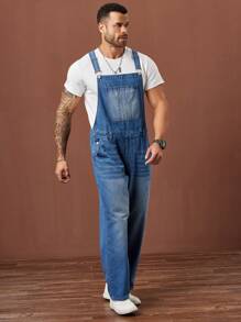 Manfinity Hypemode Plus Size Men's Light Blue Washed Denim Relaxed Fit Overall Pants - Light Wash - View 4