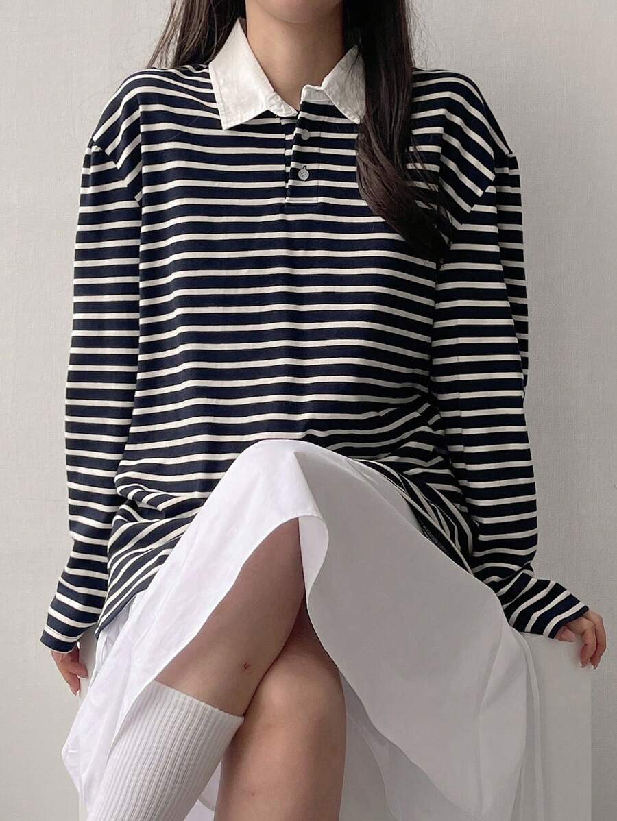 DAZY 女士条纹 Polo 领长袖 T 恤，秋季 T 恤 - 黑與白 - 查看 1