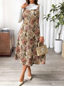 Flirla Đầm Maxi Pinafore cổ vuông có hoa mùa hè dành cho nữ cỡ lớn - Cà phê nâu - Xem 5