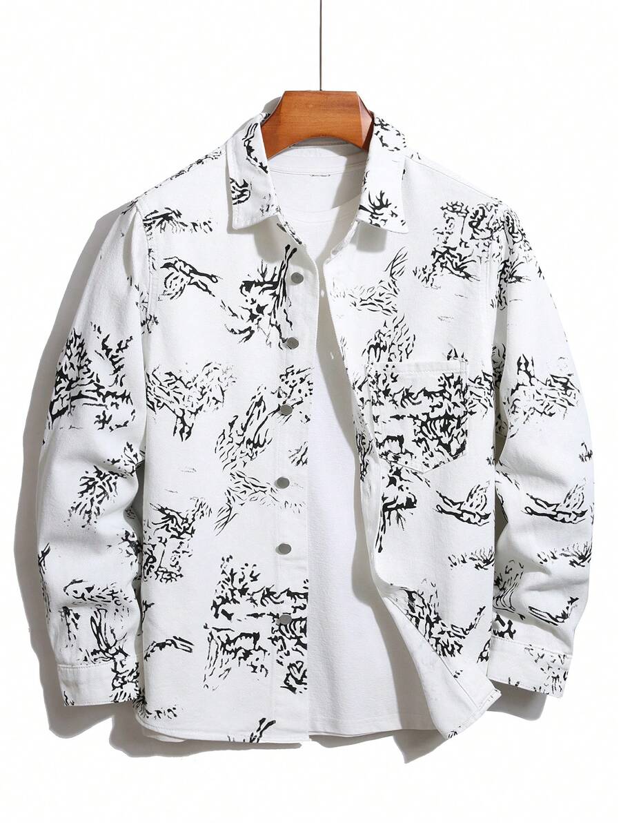 Manfinity Roughcore Men All-Over Print Denim Casual Shirt, Spring/Fall - White - View 1