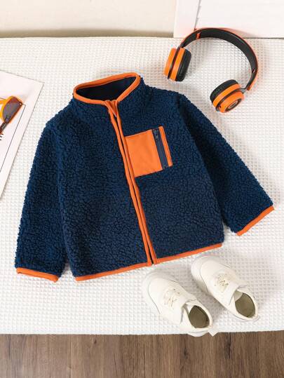 SHEIN Baby Boys' Casual All-Match Zipper Pocket Warm Fleece Stand Collar Long Sleeve Jacket, Suitable For Outings In Autumn And Winter