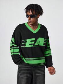 Manfinity EMRG Men's Solid Color Patchwork Letter Print Knit Casual Pullover