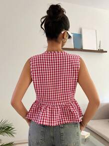 Comfortcana Blusa informal de mujer sin mangas a cuadros rojos con volantes en el bajo, blusas sin mangas