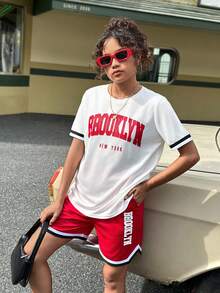 SHEIN 2 件装少女字母印花拼布丝带装饰短袖 T 恤和短裤休闲套装 - 紅色 - 查看 3