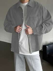 DAZY Men's Solid Color Button Front Pocket Long Sleeve Baggy Shirt,Fall Clothes - Light Grey - View 4