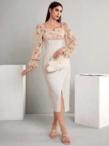 Modelyn Váy chữ A dài tay cổ vuông in hình xếp nếp vừa vặn & thanh lịch cho nữ - Nhiều màu - Xem 5