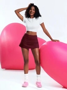 SHEIN Cheerettes Váy thể thao xếp lớp màu trơn mùa hè có túi nhún - Màu Đỏ Sâu - Xem 7