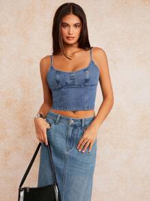 Forever 21 Lato, jesień i zima Kobieta niebieski sprany Y2K/Seksowny/Vintage/Styl gorsetowy/Halloween/Podstawowe/Uroczy/Kwadratowy dekolt Denim Top/Top bez rękawów/Kamizelka