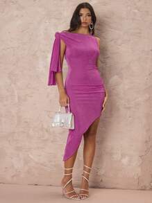 Glamine Asymmetrical Hem Shoulder Tie Ruched Midi Dress - Hot Pink - View 4