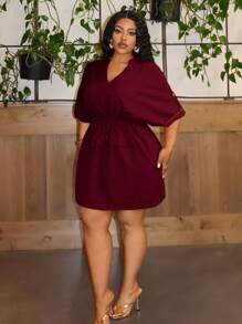 Slaydiva Plus Size Party & Elegant Commute Solid Fitted V-Neck Drawstring Waist Women's Mini Dress, Summer - Burgundy - View 3