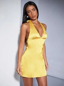 SHEIN BAE 裸粉色和浅粉色纯色深 V 露背垂坠桃色连衣裙，露背系带缎面迷你连衣裙，适合夏季返校节、音乐节、毕业典礼、婚礼宾客 - 黃色 - 查看 6