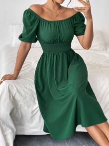 Breezaya Spring/Summer Green Square Neckline Puff Sleeve Waist Cinched Women's Dress - Dark Green - View 3