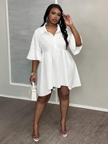 Slaydiva Plus Elegant Commuter & Daily Casual White Shirt Style Dress With Asymmetrical Hem And Half Placket For Women, Summer - White - View 3