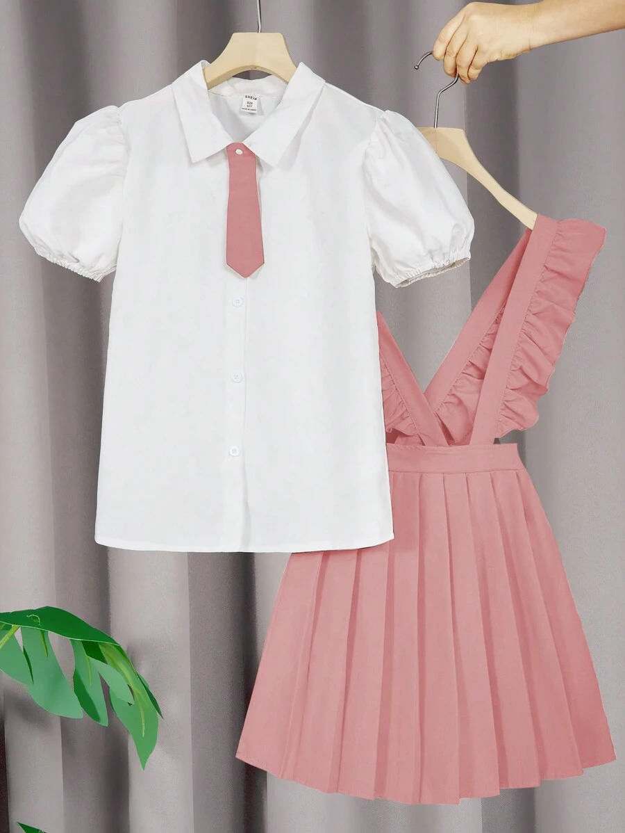 SHEIN 青少年女孩衬衫配蝴蝶结领和吊带裙校服套装 - 彩色 - 查看 1