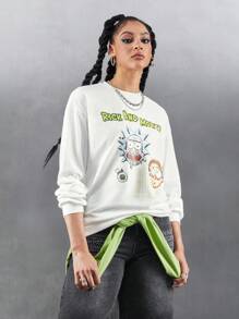 Rick and Morty X SHEIN 1 pièce Sweatshirt ample à encolure ras du cou, avec personnage de dessin animé et imprimé de lettre, avec épaules tombantes, style casual, pour femmes, printemps et automne