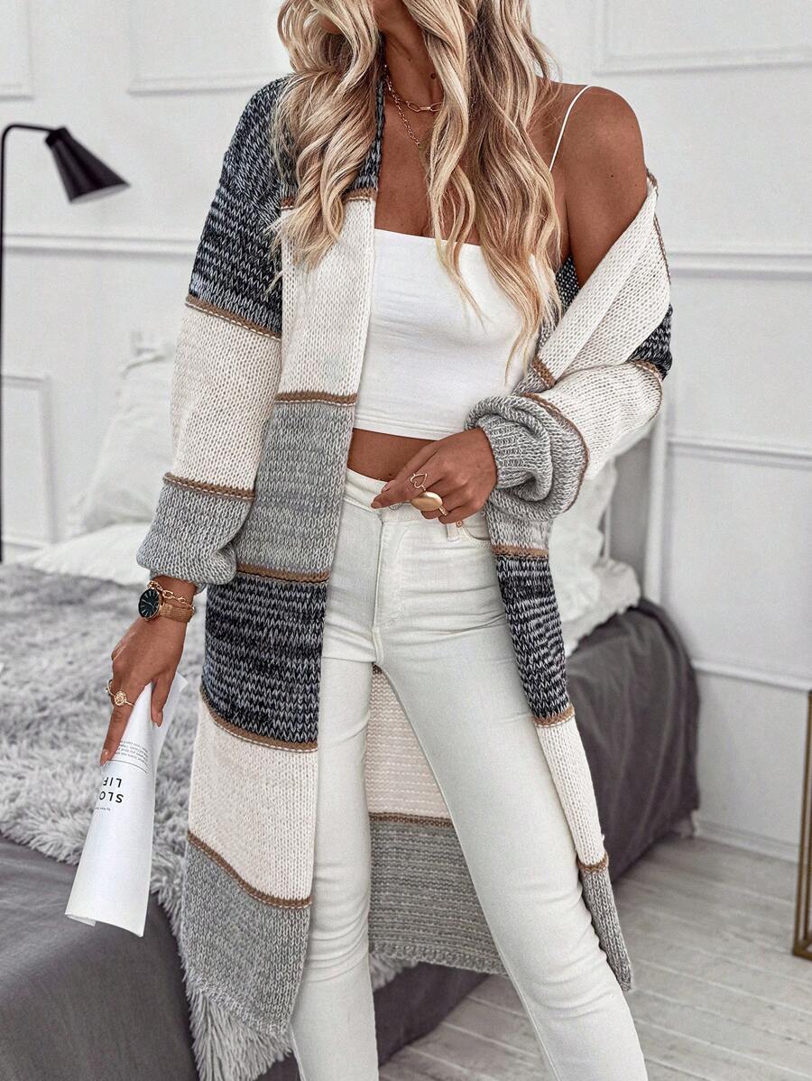 EMERY ROSE Multi-Color Patchwork Casual Loose Dual Pocket Long Cardigan For Women,Long Sleeve Tops Fall Winter Cloth For Women - Multicolor - View 1