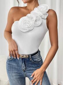 SHEIN Privé 1 Bộ đồ liền thân 1 vai dành cho nữ 3D trang trí hoa - trắng - Xem 5