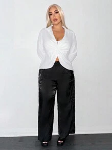 SHEIN SXY Plus Size Solid Color Twist Knot Sheer Mesh Long Sleeve Shirt Office Wear Women - White - View 5