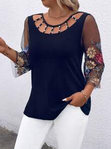 Blusa casual de talla grande para mujer con contraste de malla bordada con flores para primavera y verano - Azul Marino - Ver 3