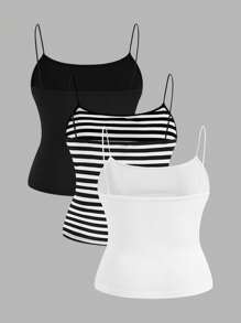 SHEIN EZwear 3pcs Plus Size Women Ruched Side Solid & Striped Cami Top, Summer - Multicolor - View 2