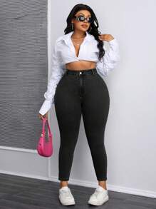Plus Size Simple Front-Button Pocket Plain Denim Jeans, Casual Daily Wear
