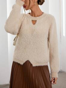 GENKIRA Suéter de tejido suelto y suave con diseño calado, jersey de punto para otoño e invierno - Caqui - Ver 4