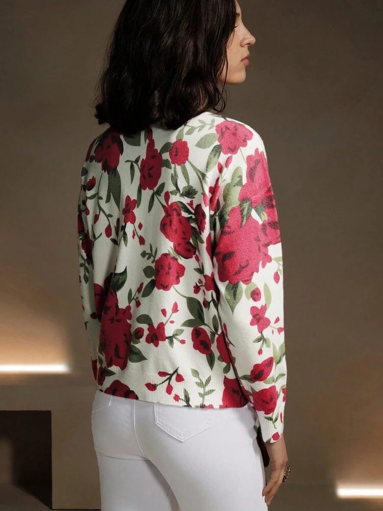 Women Rose Pattern Elegant Sweater, Knit Pullover Fall Winter