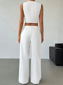 SHEIN X Belinda SHEIN EZwear Women's Solid Color Minimalist Daily Round Neck Blazer Vest & Pants 2-Piece Set - White - View 2
