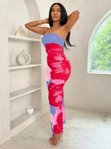 BamGleam 花卉印花紧身连衣裙，适合夏季长款女装 - 藍色 - 查看 3