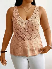 Calvaya Plus Size Sleeveless Solid Color Hollow Out Knit Top, Summer