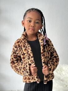 SHEIN Wildeya 2 piezas Conjunto de chaqueta con estampado de leopardo informal + vestido negro de punto acanalado para niña pequeña y niña joven, adecuado para salidas de ocio y uso diario, otoño/invierno