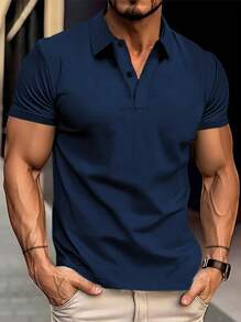 Manfinity Homme Camisa polo casual de manga corta con botones en el cuello de unicolor para hombre