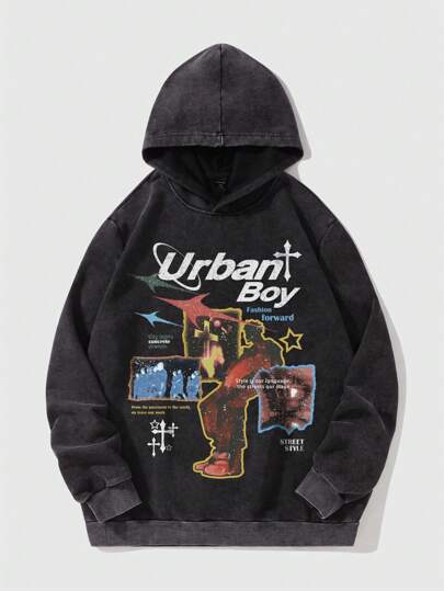 Street Life Men's Letter & Figure Print Casual Thermal Lined Hoodie, Spring Autumn