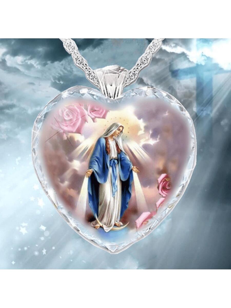 1pc Fashionable Alloy Heart Shaped Glass Pendant Necklace For Women, Daily Wear Valentines,Mom,Mother,Mother's Day,Gift - Silver - View 1