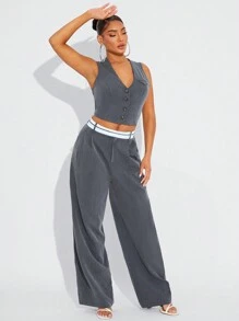 SHEIN SXY Women Contrast Color Waist Pocket Pleated Loose Suit Pants High Waisted Pants