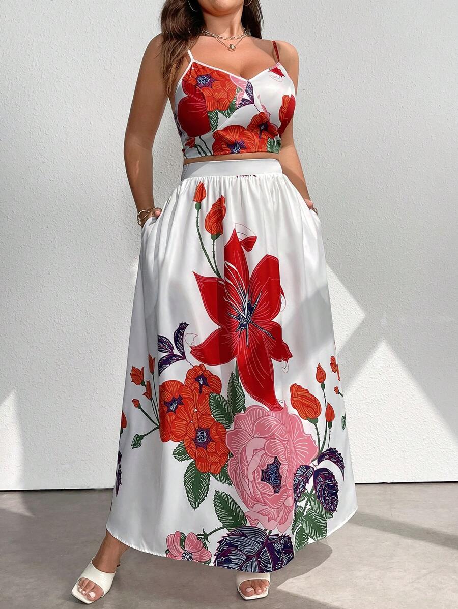 Celure 大码女式花卉印花吊带背心和口袋长裙优雅两件套