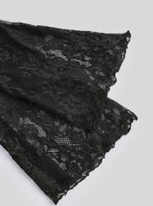 SHEIN MOD Áo thun tay chuông cổ buộc ren đen thanh lịch cỡ lớn cho nữ - màu đen - Xem 3