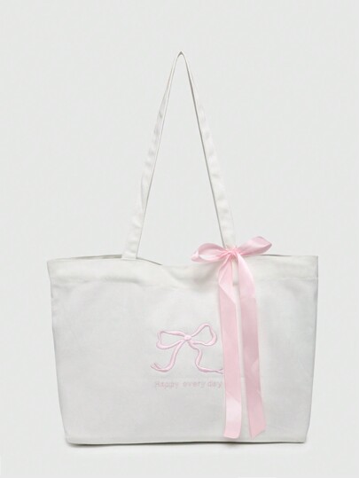 Kawaii Bolso tote de gran capacidad con lazos grandes y bordados de lazo con eslogan inglés de estilo vintage para mujeres, adecuado para ir de compras y la escuela