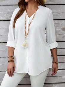 EMERY ROSE Plus Size Women's Casual V-Neck Button-Up Long Sleeve Shirt, Autumn/Winter - White - View 5