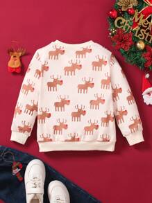 Young Boy Cute Deer Print Loose Fit Round Neck Long Sleeve Sweatshirt, Soft And Comfortable Fabric, Easy Pullover Design, Suitable For 4-7 Years Old Daily Wear, School, Party, Christmas