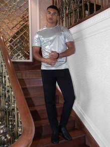 AKNOTIC Men Crew Neck Short Sleeve Plain Metallic Summer Tee, 2000s Style T-Shirt, Couple Things - Silver - View 4