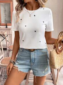 SHEIN Frenchy Women Thread Embroidery Heart Print Casual Daily Wear Short Sleeve T-Shirt, Embroidered Top  T-Shirt Summer Tops Thanks Giving - Black and White - View 3