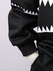 2pcs Tween Boy Funny Shark Teeth Print Hooded Sweatshirt And Print Sweatpants Set, Autumn/Winter - Black - View 7