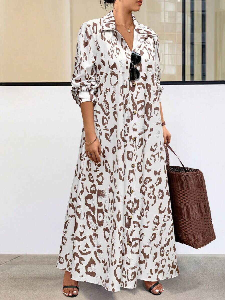 EMERY ROSE 随机印花加大码全印花正面纽扣休闲长袖连衣裙超长款女装