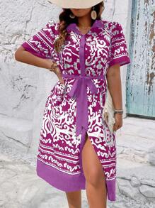 Breezaya Plus Size All-Over Print Front Button Belted Short Sleeve Dress