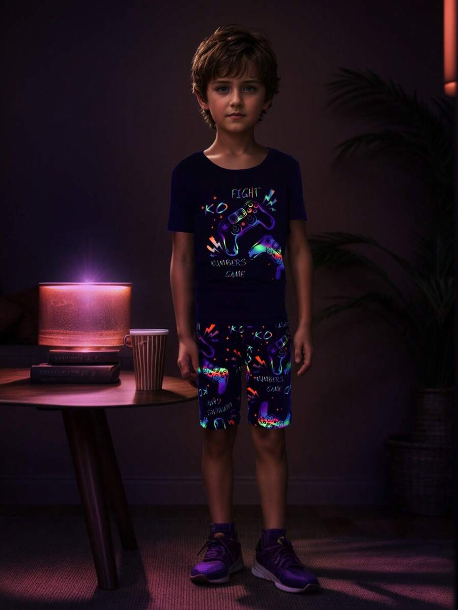 2pcs/Set Tween Boys Minimalist Glow-In-The-Dark Print Snug Fit Pajama Set (Short Sleeve Top & Shorts) - Black - View 1