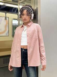 SHEIN 少女纯色梭织修身休闲长袖衬衫 - 藕粉色 - 查看 5